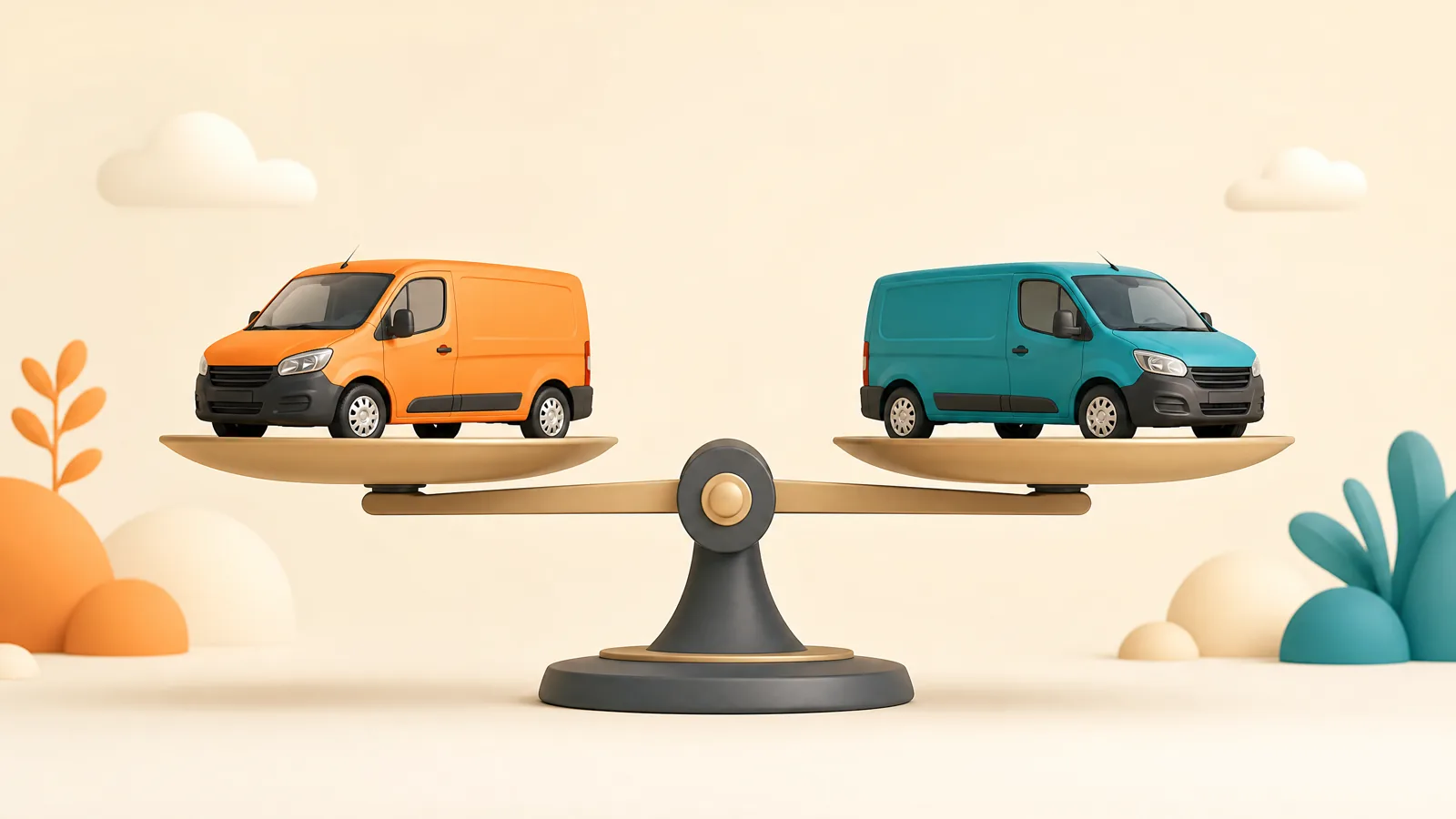 Balanced scale weighing two compact delivery vans, one orange and one teal