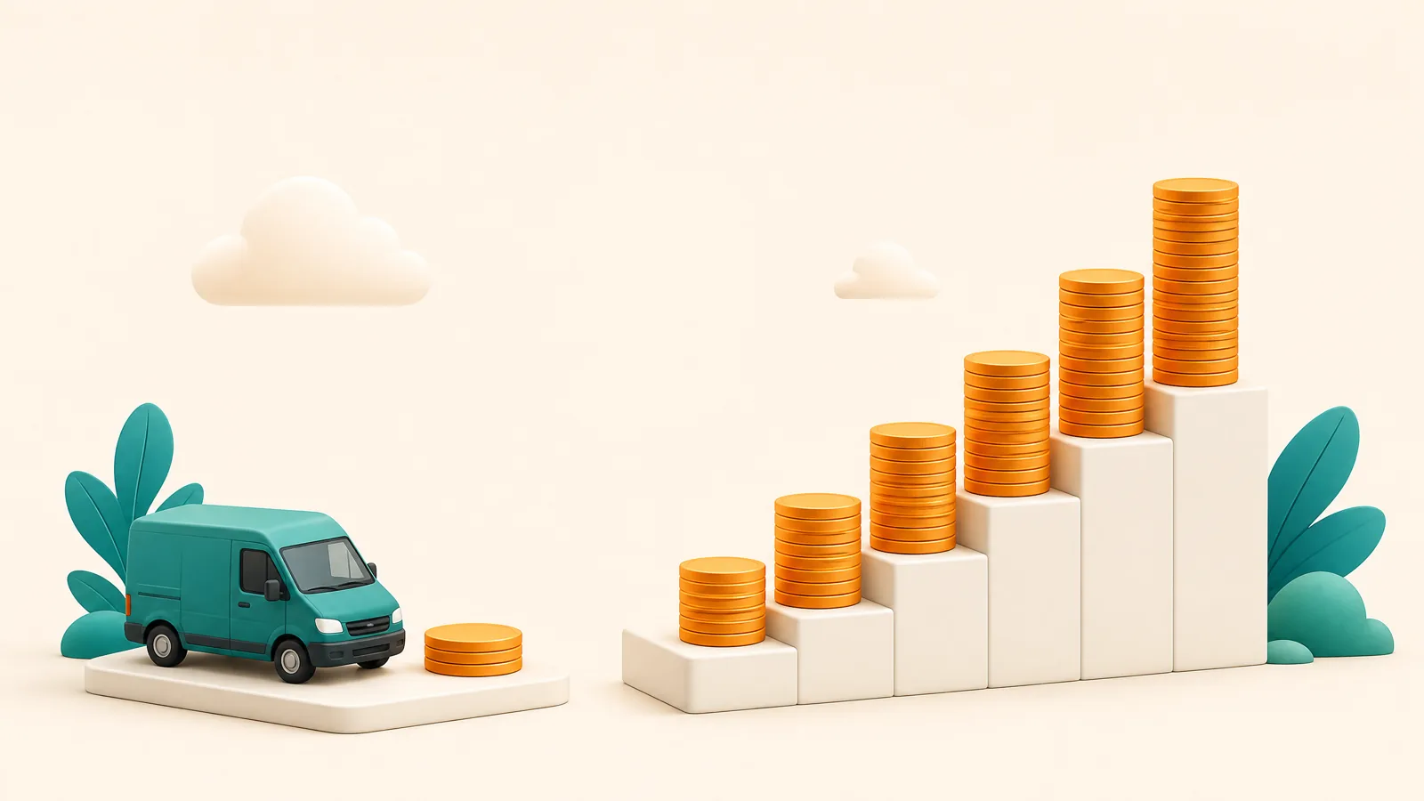 Small flat stack of coins beside a delivery van contrasted with a steep climbing staircase of coin stacks