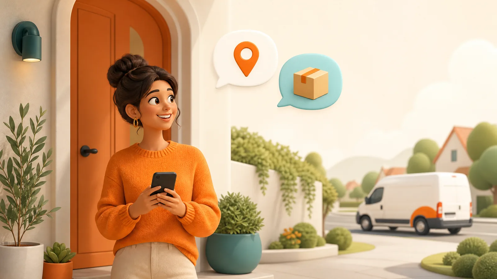 Customer at a front door checking a phone with speech bubbles showing a map pin and a parcel
