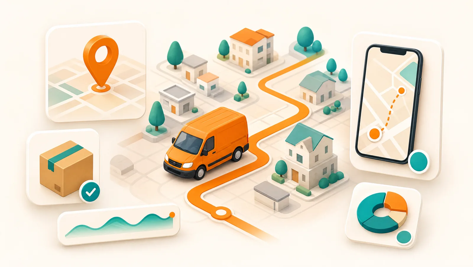 A delivery van following an orange route through a neighbourhood, surrounded by panels for a map pin, a parcel, and a phone tracking screen brought into one dashboard