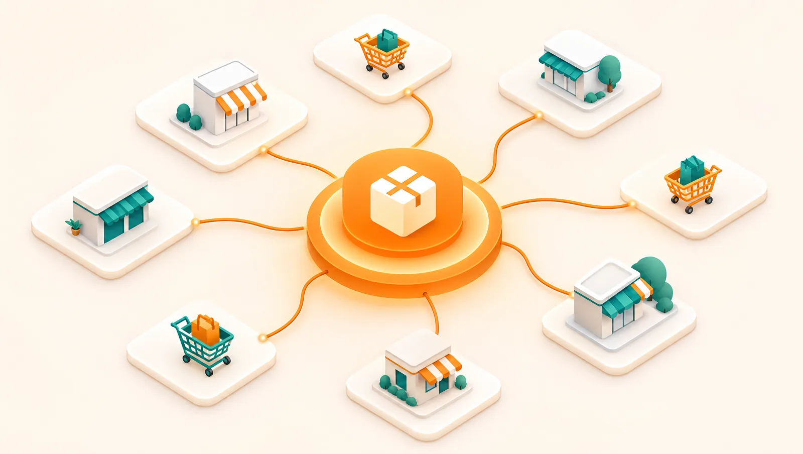 Several storefront and shopping-cart cards connected by orange lines that converge into one central hub