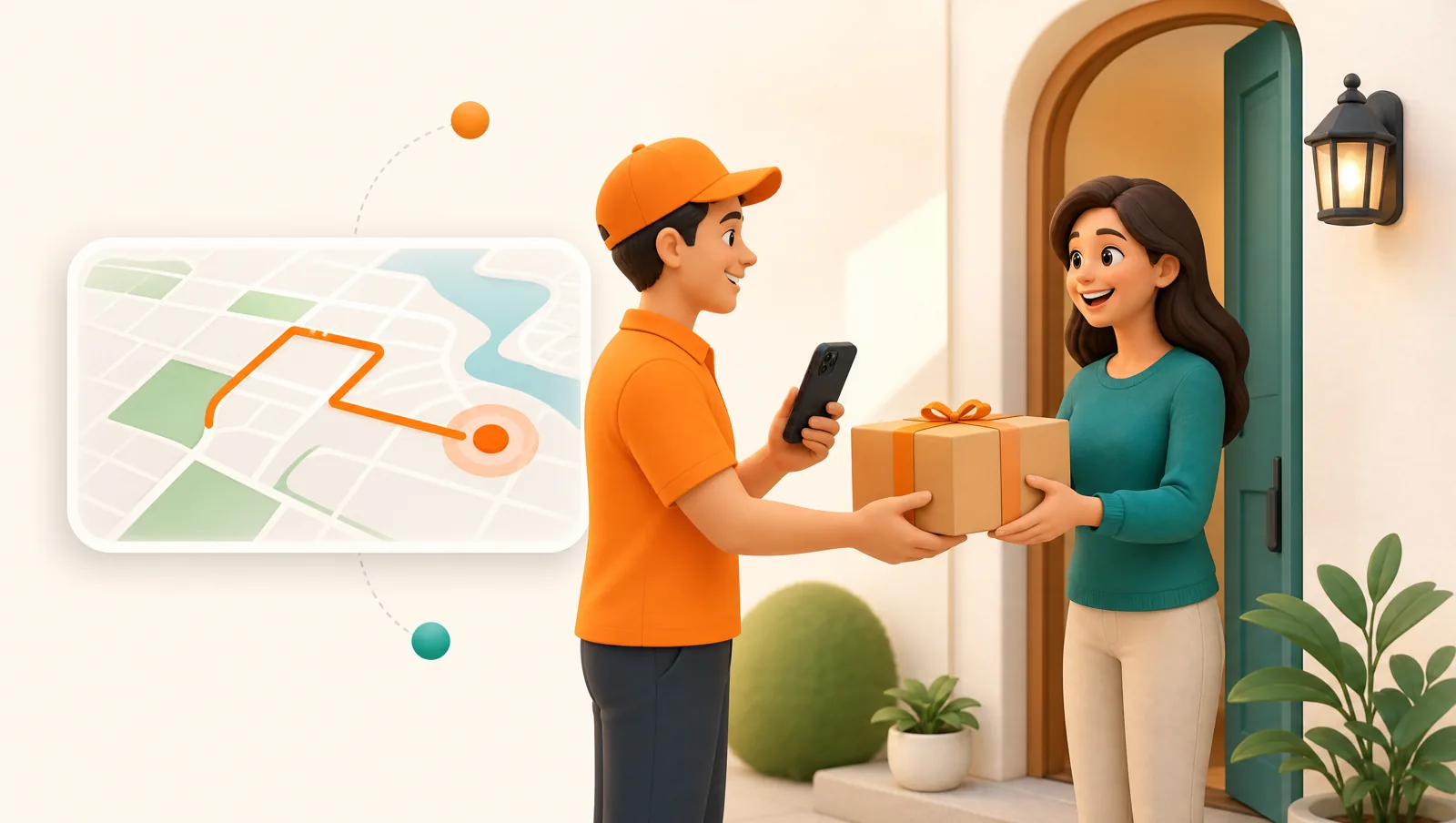 A delivery driver handing a parcel to a happy customer at the front door while holding a phone, with a small live-map panel showing the route alongside