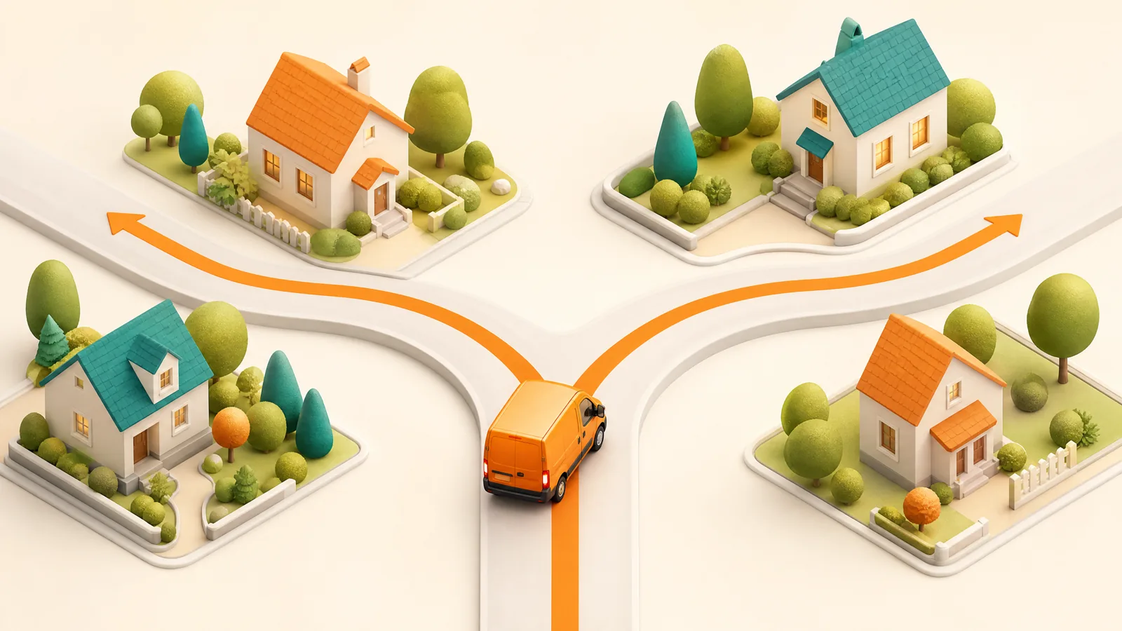 Orange delivery van pausing where an orange route splits into two paths between cozy houses
