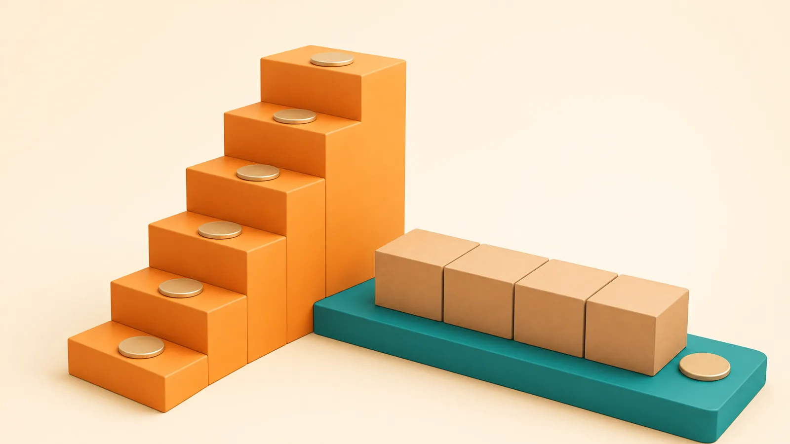 Staircase of parcels rising with a coin on each step beside a flat platform holding a tidy row of parcels