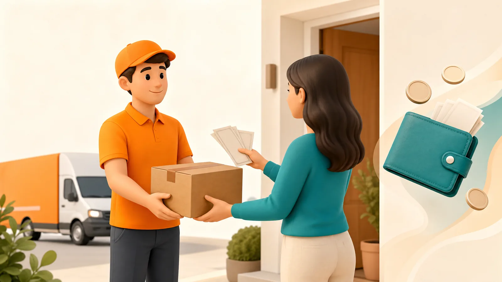 Driver handing a parcel to a customer paying in cash at the doorstep, with a teal wallet and coins nearby