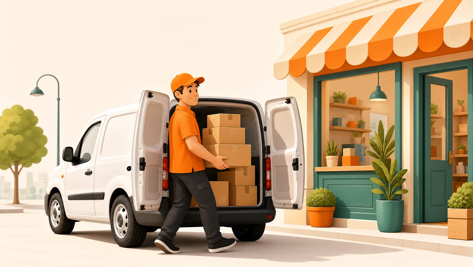 A delivery driver loading parcels into a small van outside a local shop