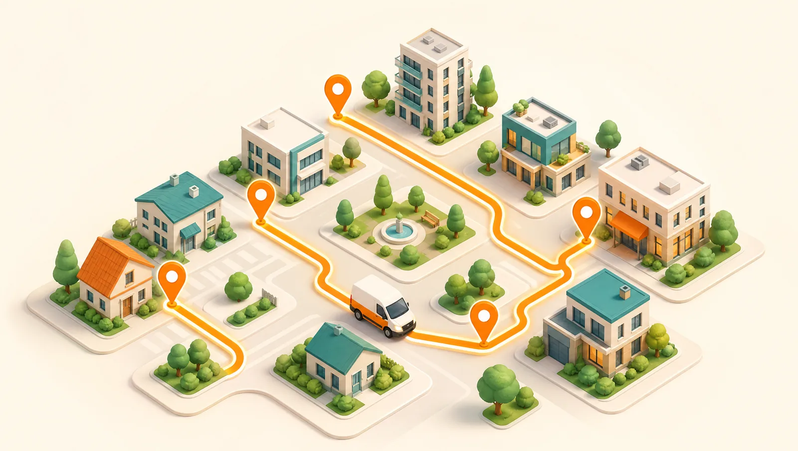 An optimized multi-stop delivery route connecting stops across a neighborhood