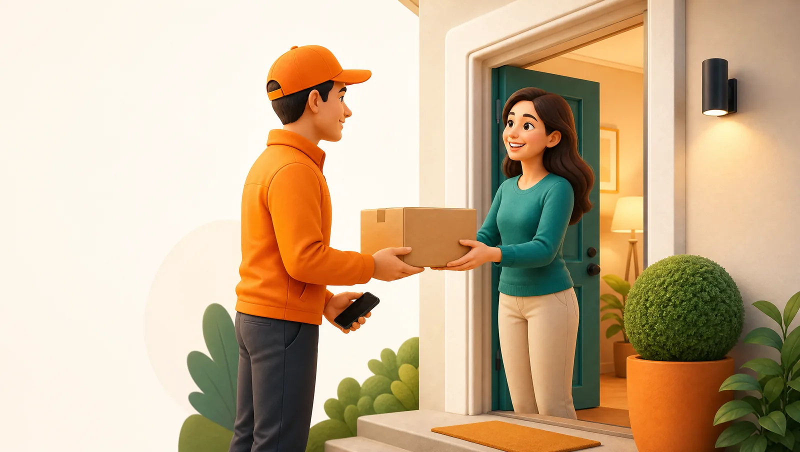 A delivery driver handing a parcel to a customer at their front door
