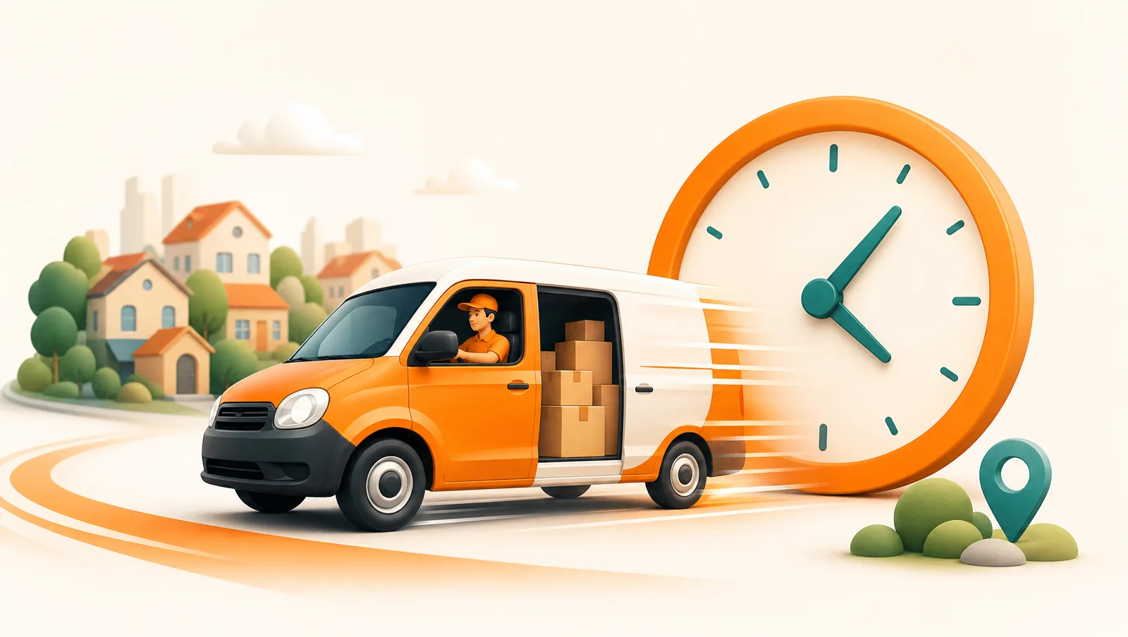 A speedy orange and white delivery van rushing forward with motion streaks past a large clock face, carrying parcels through a neighbourhood, conveying same-day urgency