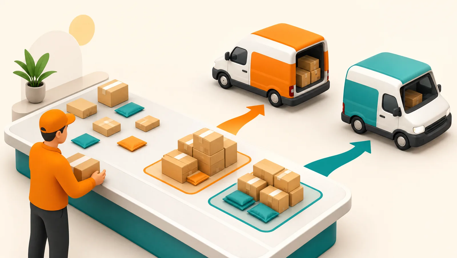 Parcels being sorted into two grouped batches on a dispatch table, one batch in an orange zone and one in a teal zone, each with an arrow pointing to a waiting delivery van