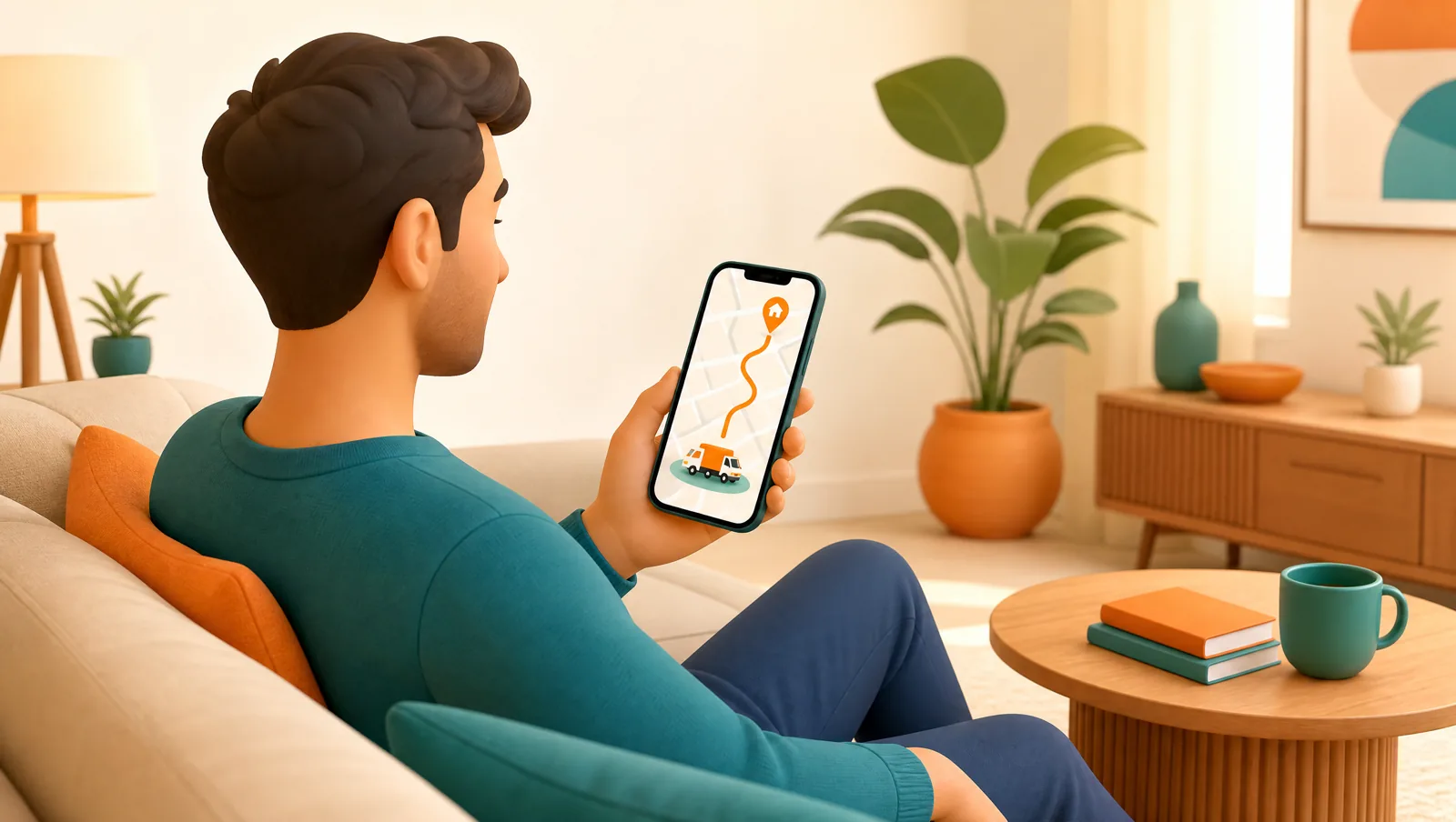 A relaxed customer on a sofa at home watching a phone that shows a live tracking map with an orange route and a delivery van approaching their home pin