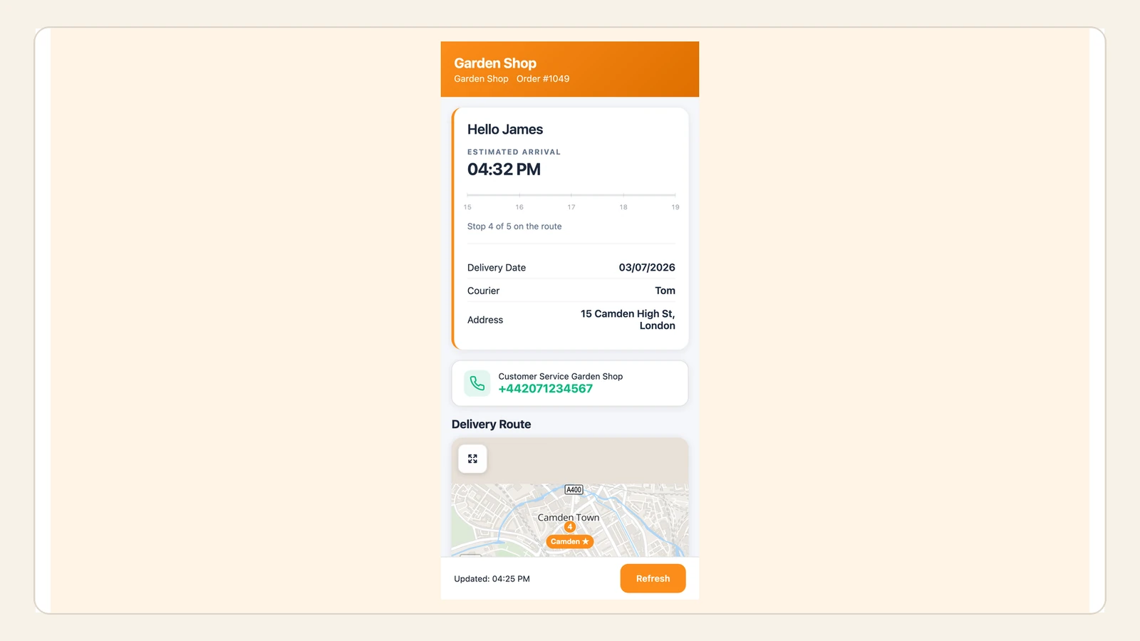 The real Routella customer tracking page with estimated arrival, delivery information, and map