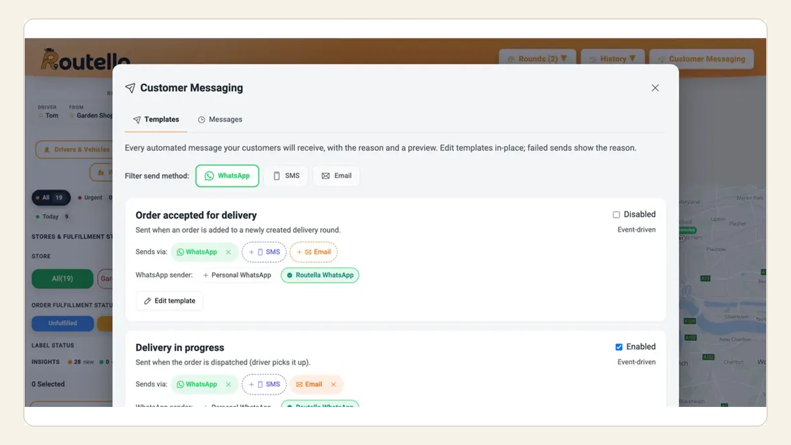 The real Routella customer messaging screen with WhatsApp, SMS, email, events, and template controls