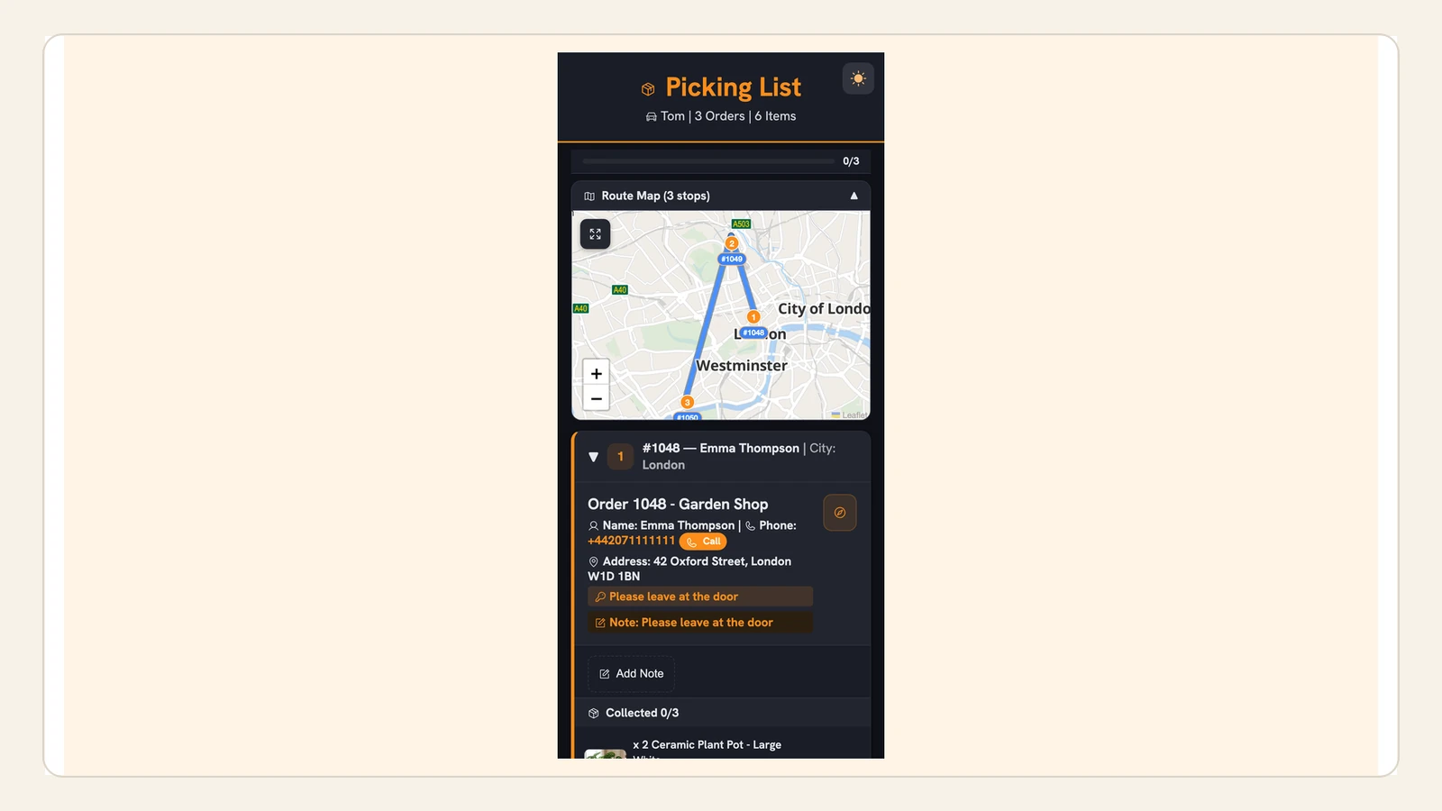 The real Routella browser-based driver picking list with route and stop details