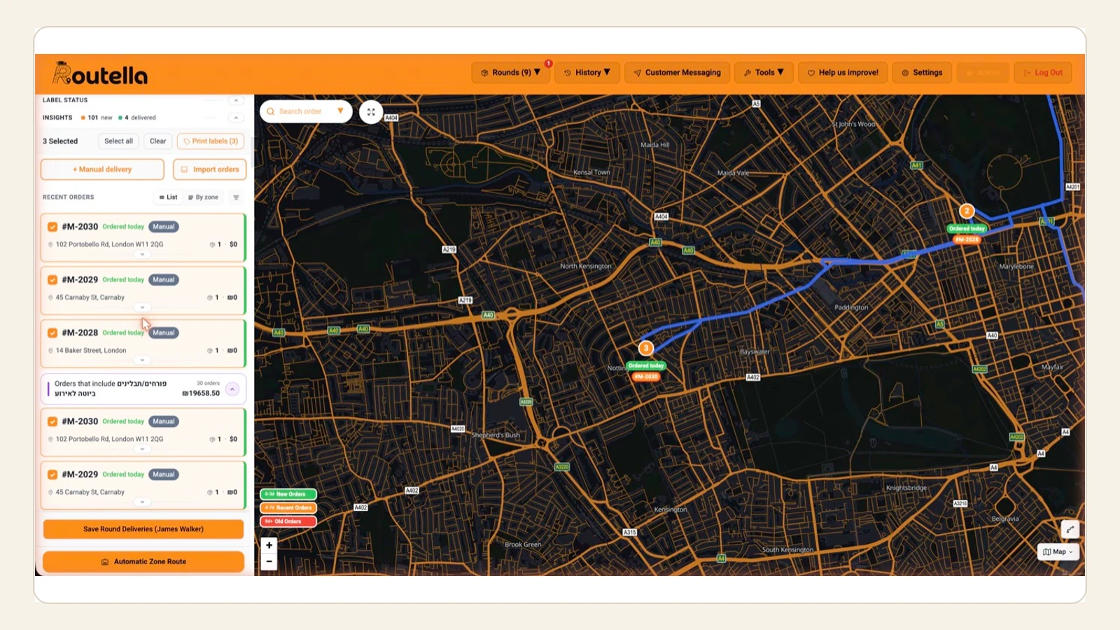 A real Routella orders dashboard showing selected orders and a delivery route on the map