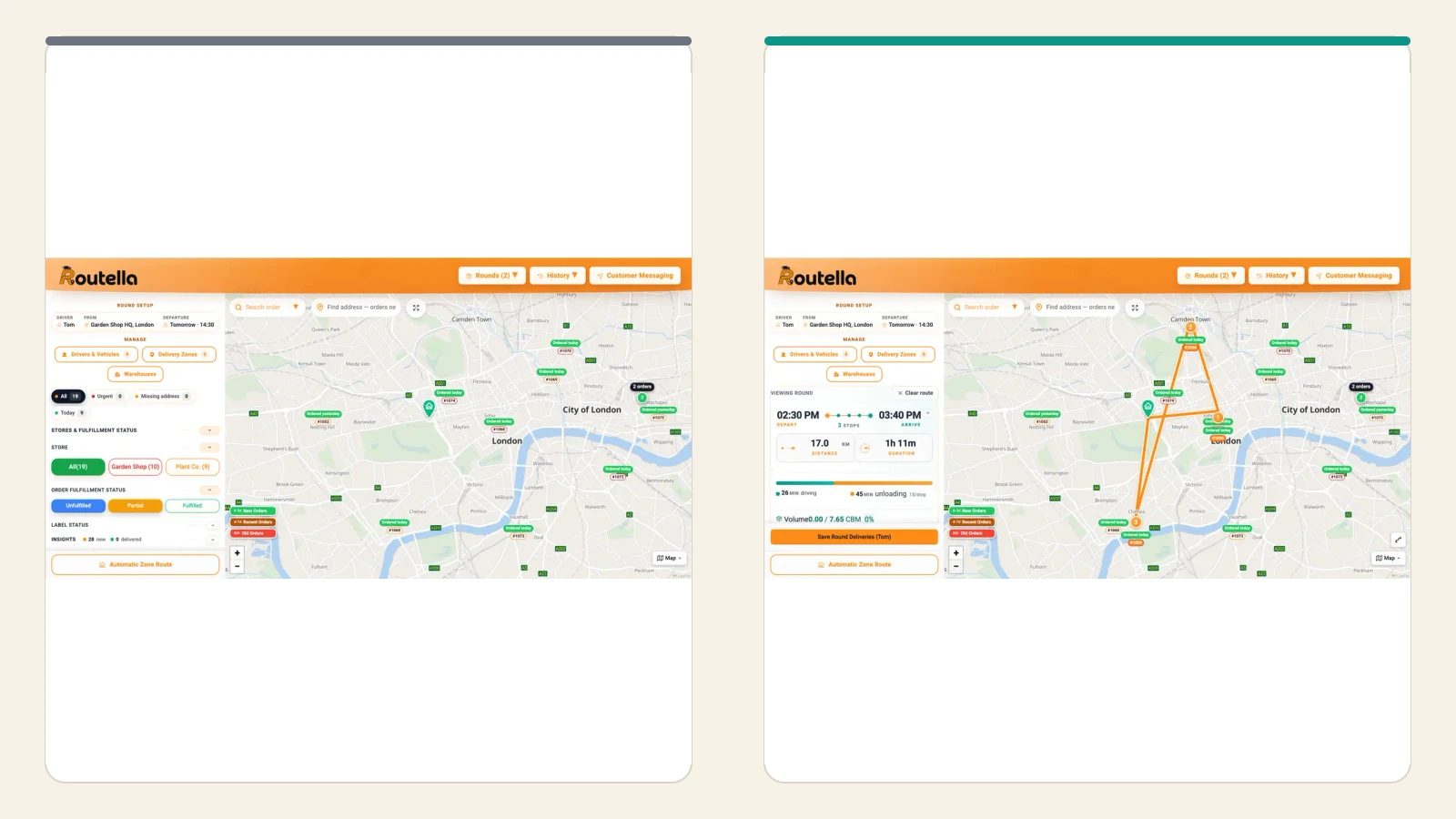 Two real Routella planning screens comparing ungrouped orders with a saved three-stop delivery route