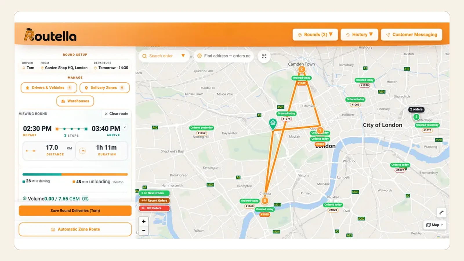 The real Routella route-planning screen with round controls, route summary, and ordered map