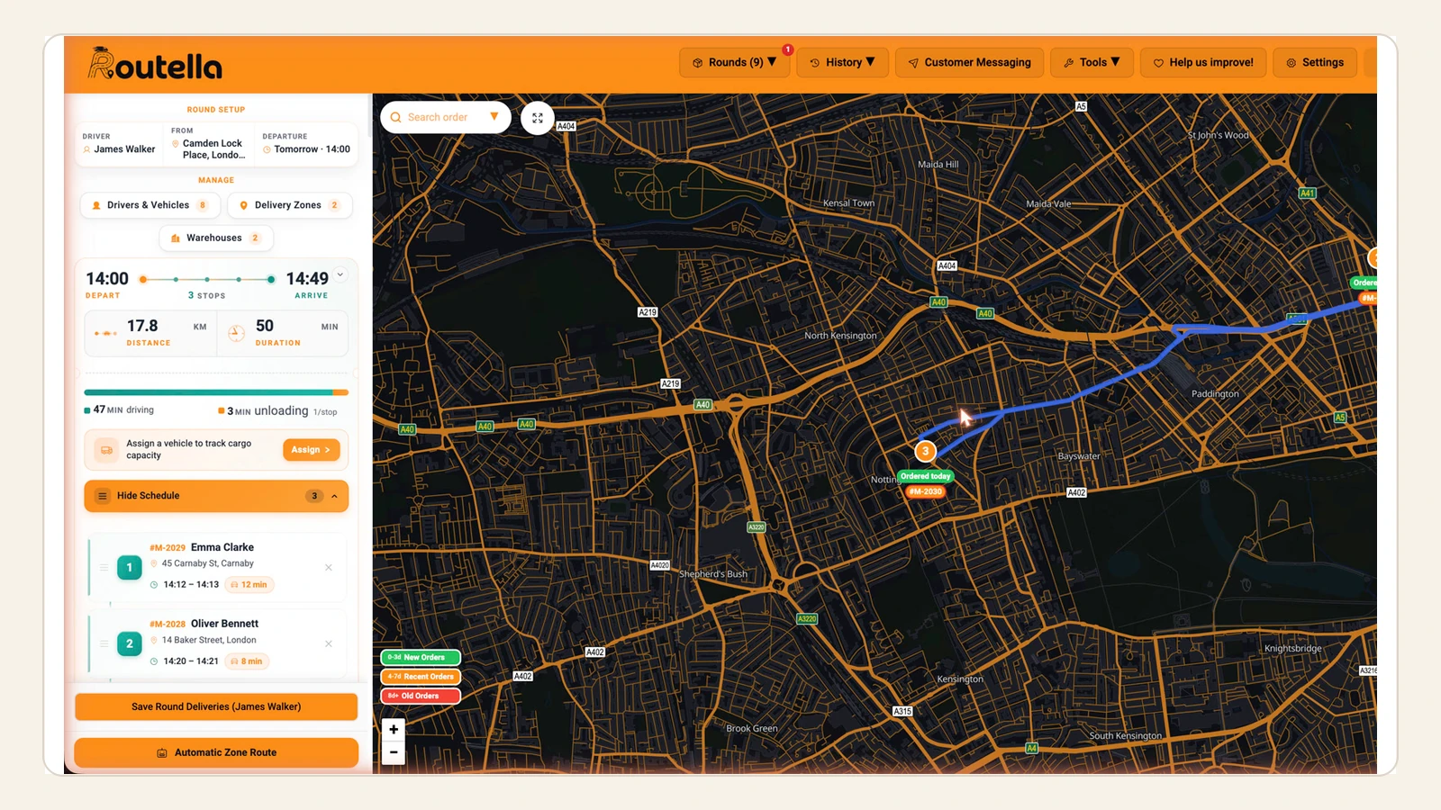 The real Routella dispatch screen with route controls, ordered stops, and a multi-stop route across the map