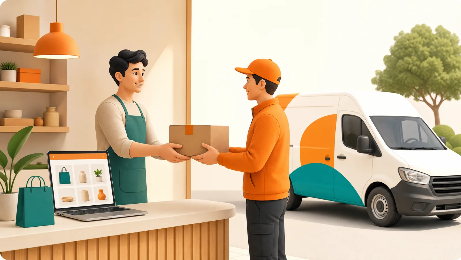 A shop owner handing an online order to a delivery driver beside a van