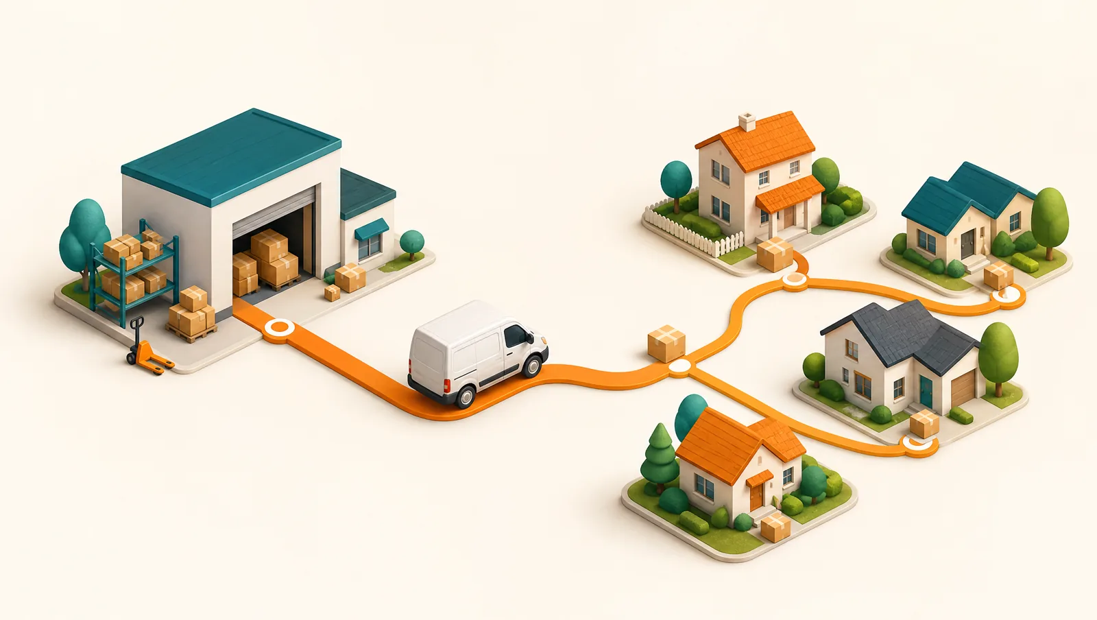 Orders flowing from an online store along an optimized route to customers’ homes