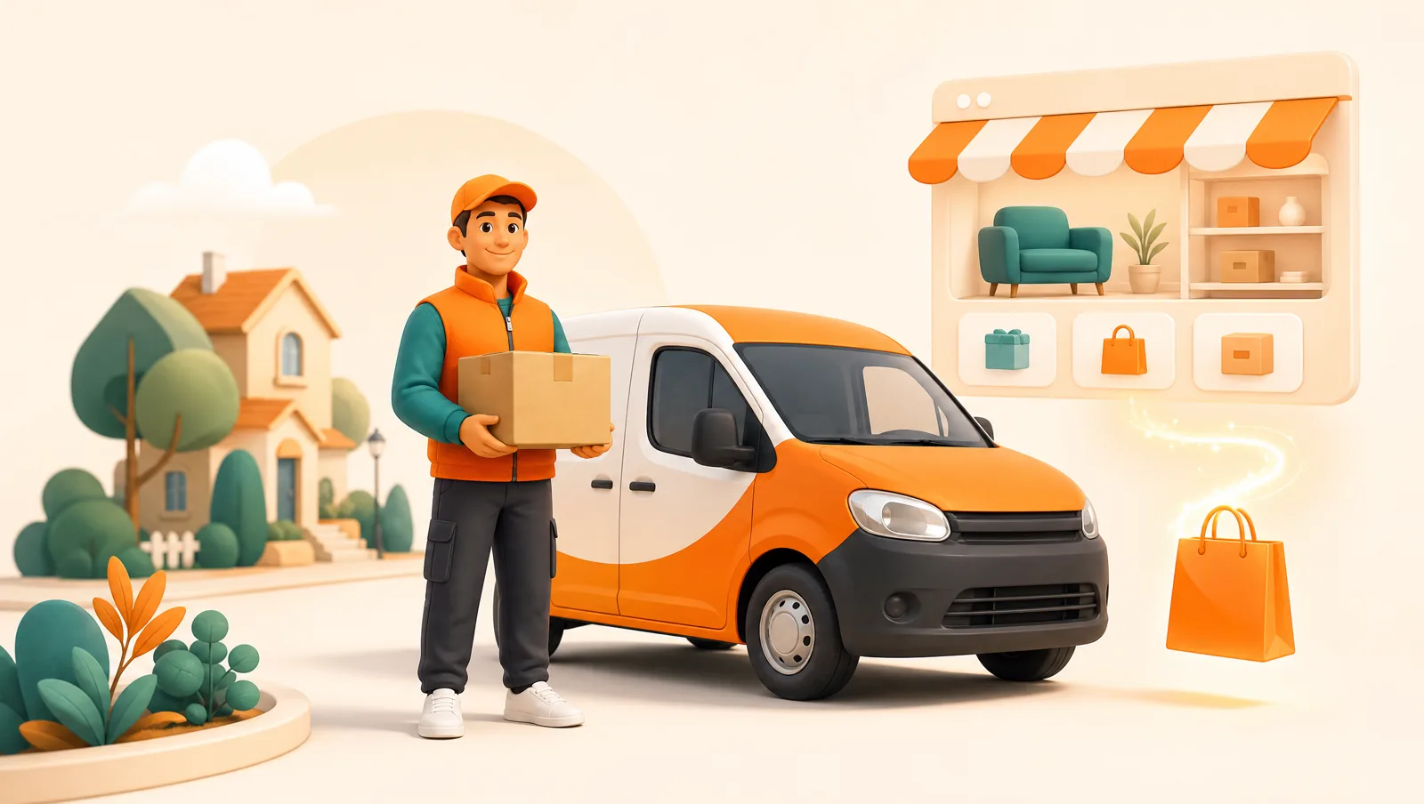 A friendly delivery driver holding a parcel beside an orange and white van, with a floating online store window and a shopping bag suggesting a Wix storefront handing off to delivery
