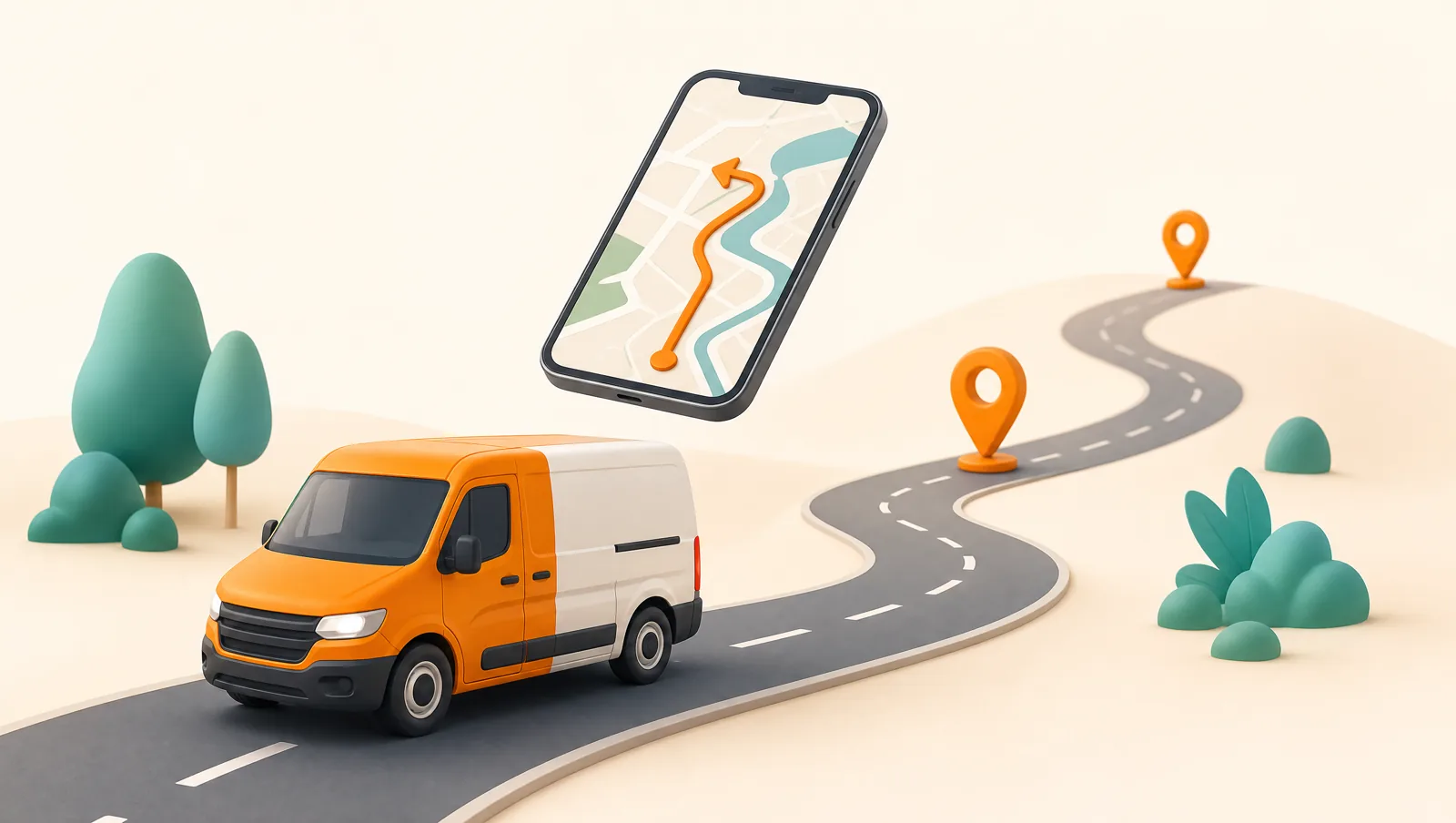 An orange and white delivery van on a curving road with a floating phone showing turn-by-turn navigation along an orange route line toward map pins ahead