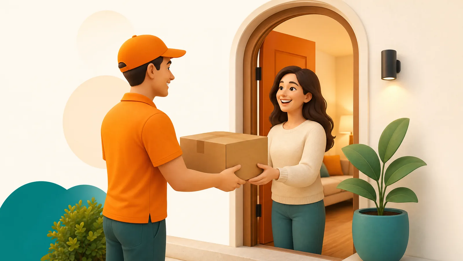 A happy customer opening their front door to receive a parcel from a smiling delivery driver at a warm home entrance with a potted plant