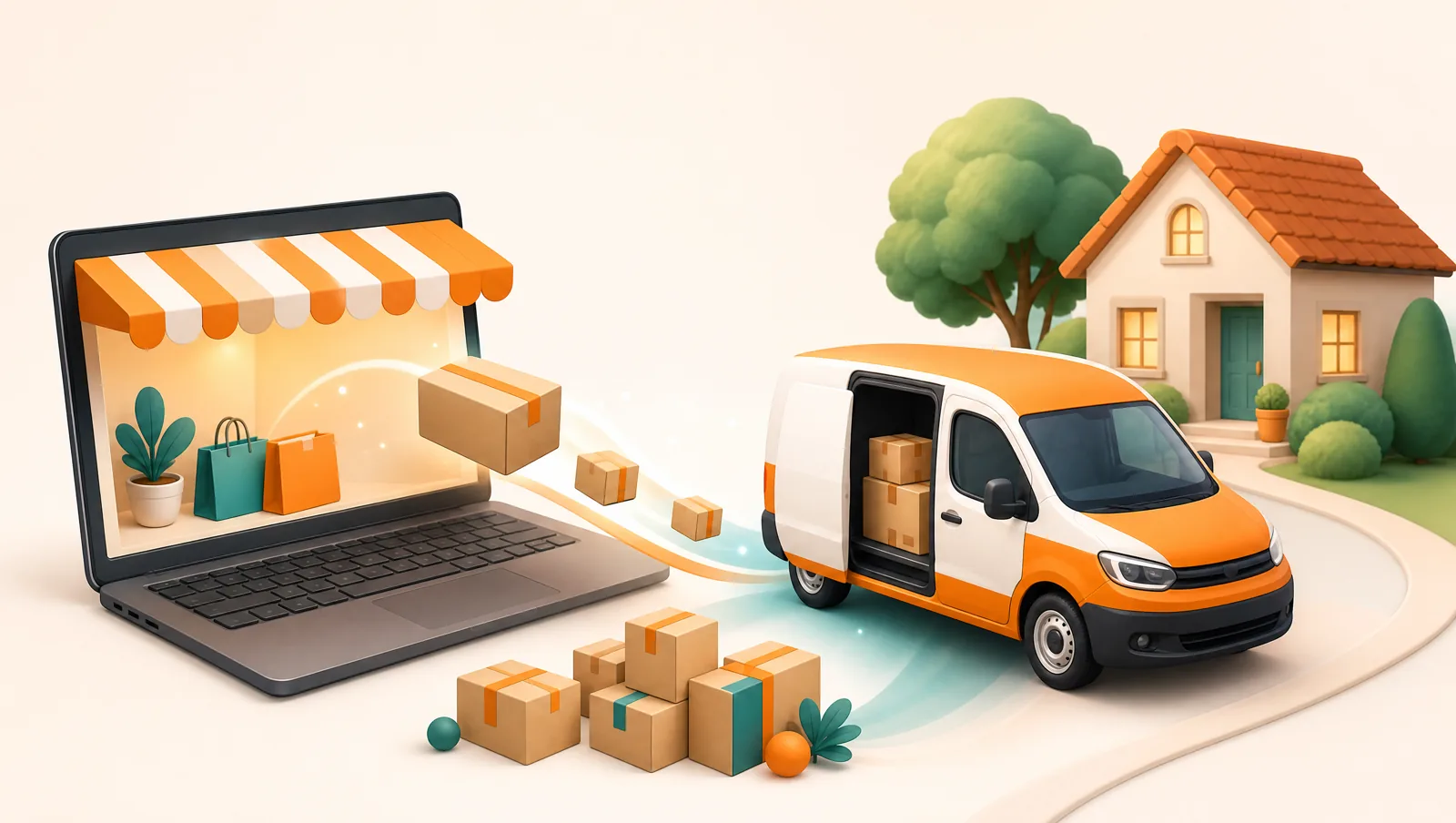 A WooCommerce-style online storefront on a laptop with parcels flowing out to an orange and white delivery van parked outside a cozy home