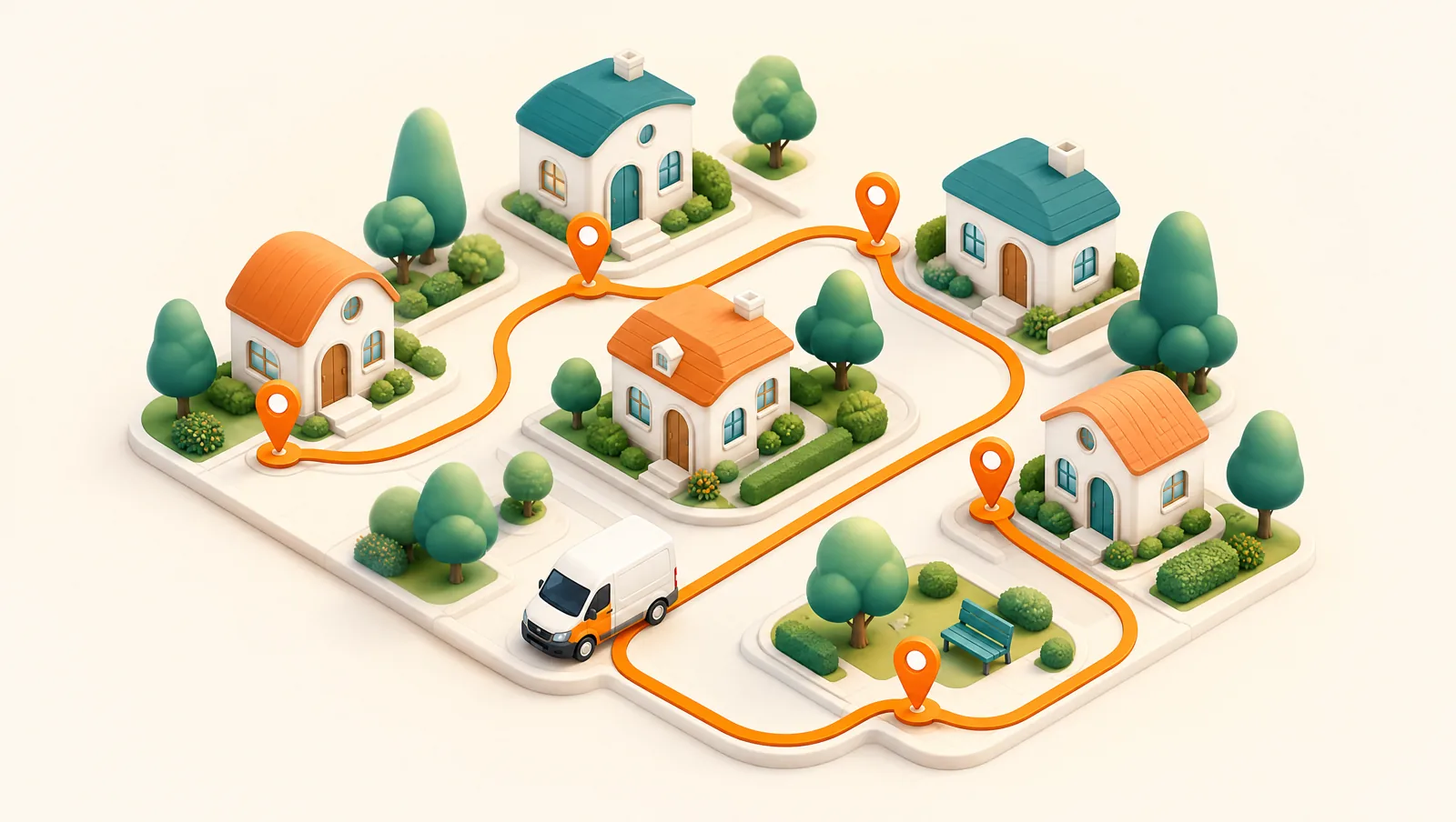 Isometric neighbourhood with a single continuous orange route line connecting several orange map pins, a delivery van following the optimized path between houses