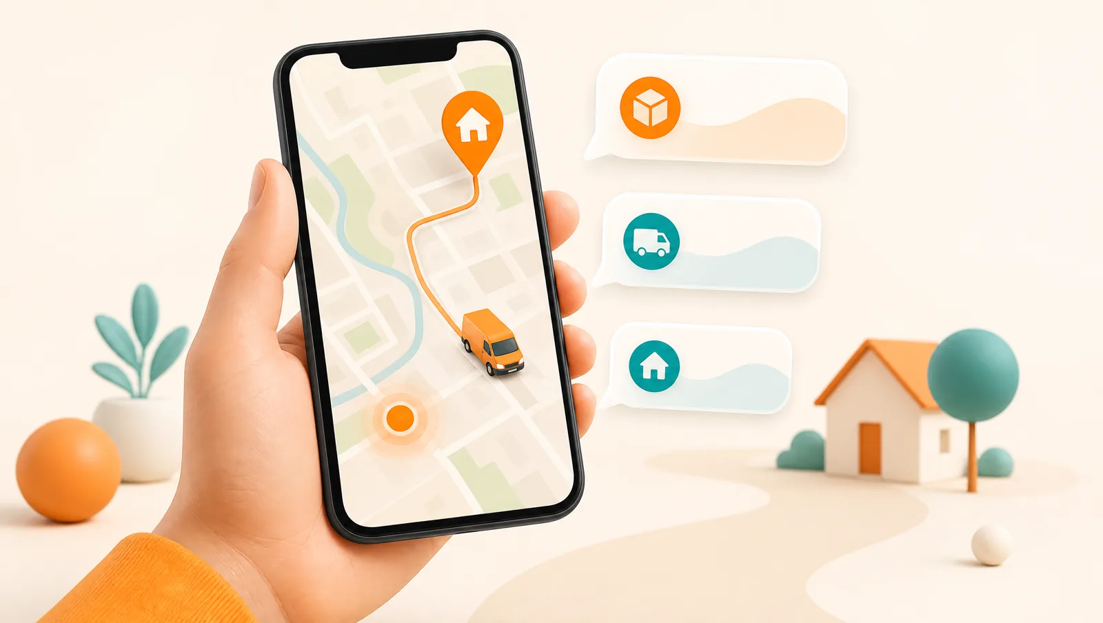 A hand holding a phone showing a live tracking map with an orange route, a delivery van approaching a home pin, and delivery update notification bubbles beside it