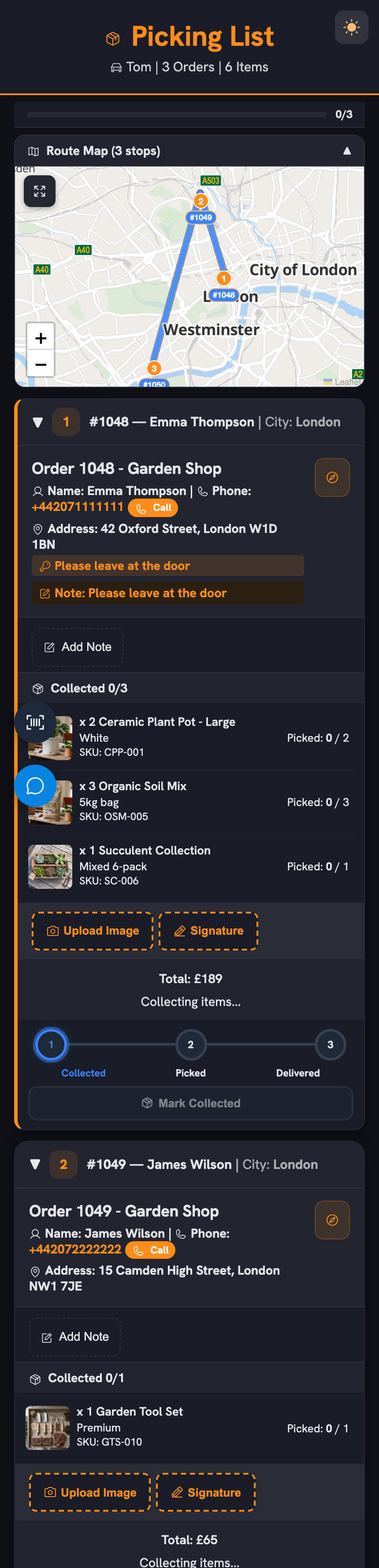 The driver's link in Routella — route map, stops, one-tap navigation and item checklist, in the browser