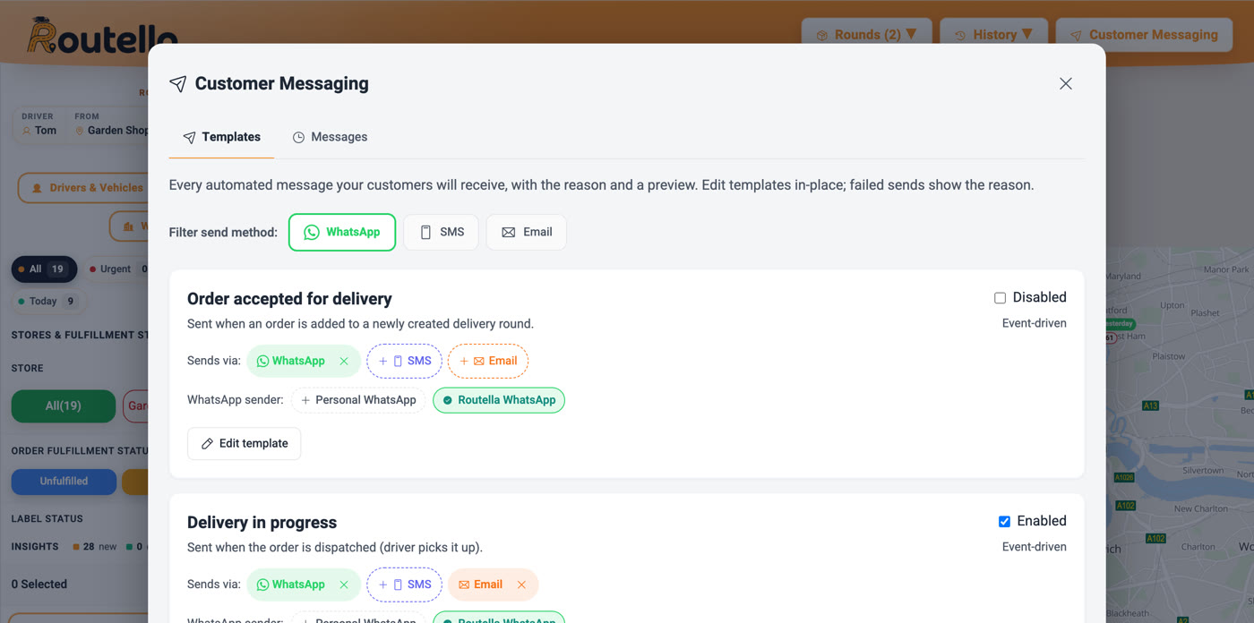 Routella customer-messaging automations — every delivery milestone wired to WhatsApp, SMS and email