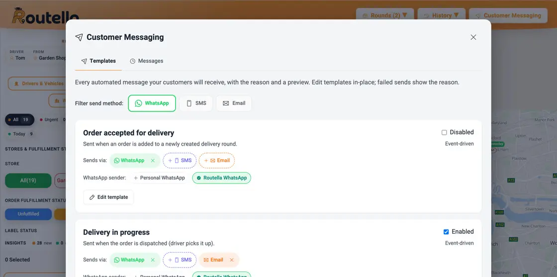 أتمتة مراسلة العملاء في Routella — كل مرحلة توصيل مرتبطة بـWhatsApp والرسائل النصية والبريد الإلكتروني